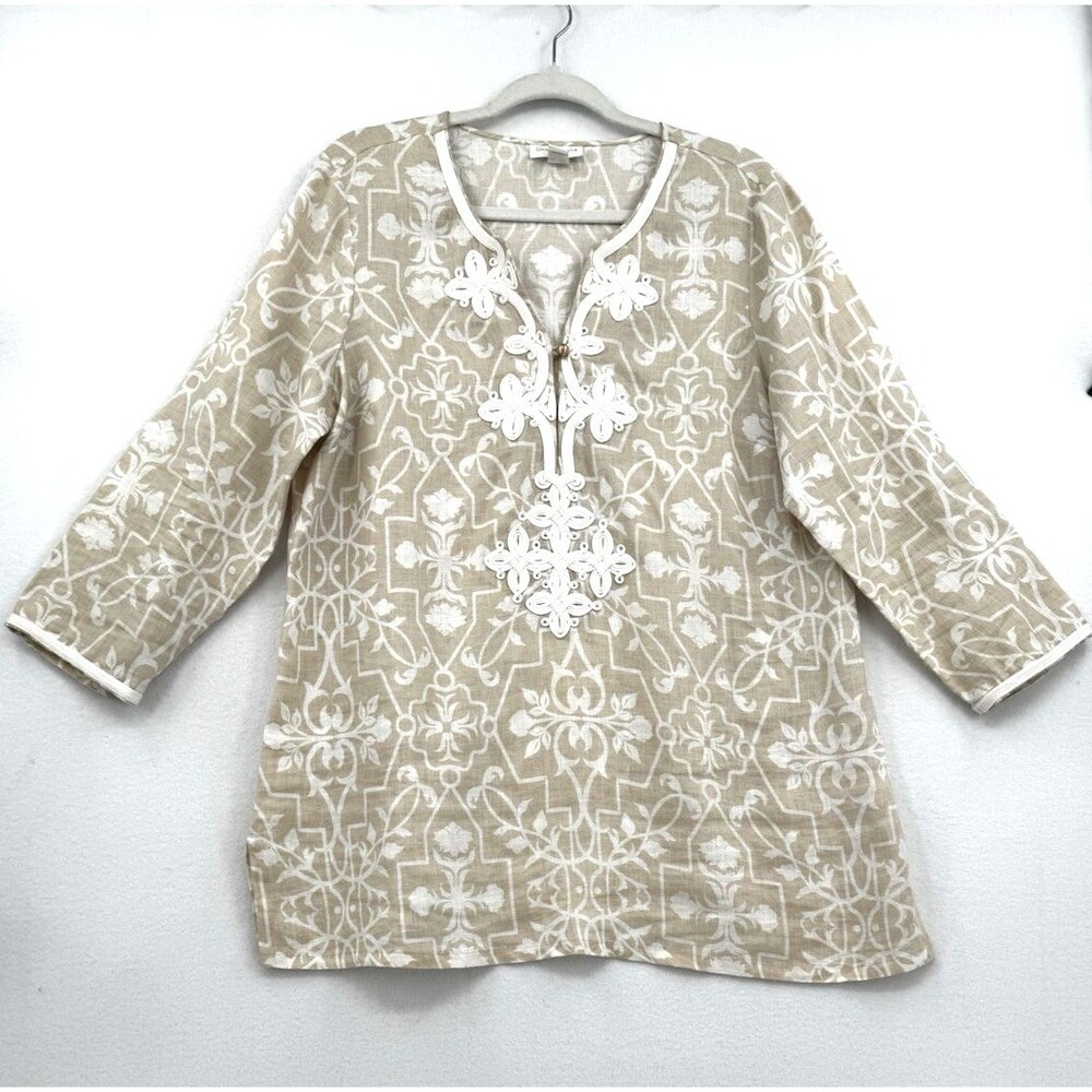Charter Club 100% Linen Beige White Floral Print Tunic Top XL Boho Resort Wear